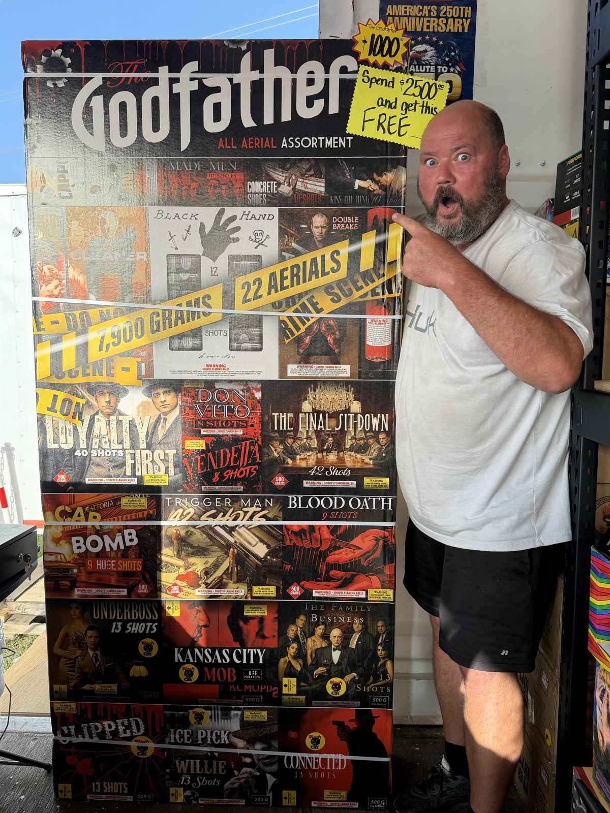 A BoomBox Fireworks owner showing off The Godfather all-aerial assortment